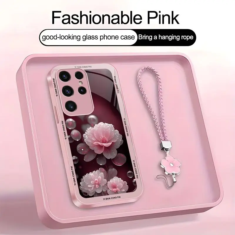 Suitable for [Galaxy S23 Ultra] high-end women's phone case🤩，a beautiful four-leaf clover lanyard is included🍀, beautiful floral pattern, elegant and sophisticated， drop-resistant and fingerprint-proof YM99