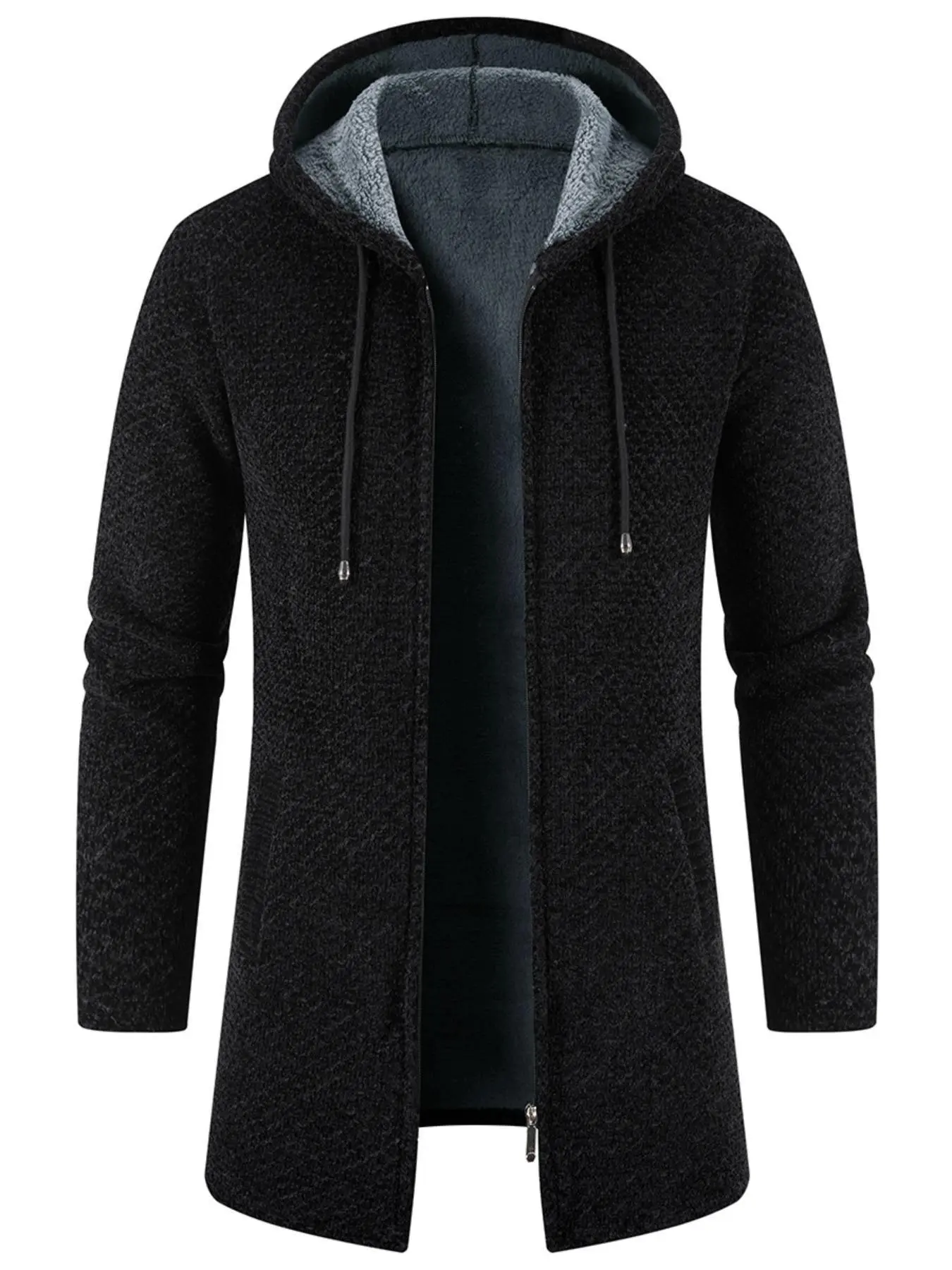 Men's Solid Zip Up Drawstring Hooded Coat, Thermal Lined Jacket, Regular Fit Casual Long Sleeve Pocket Thermal Lined Outerwear for Fall & Winter, Men's Clothes for Daily Wear