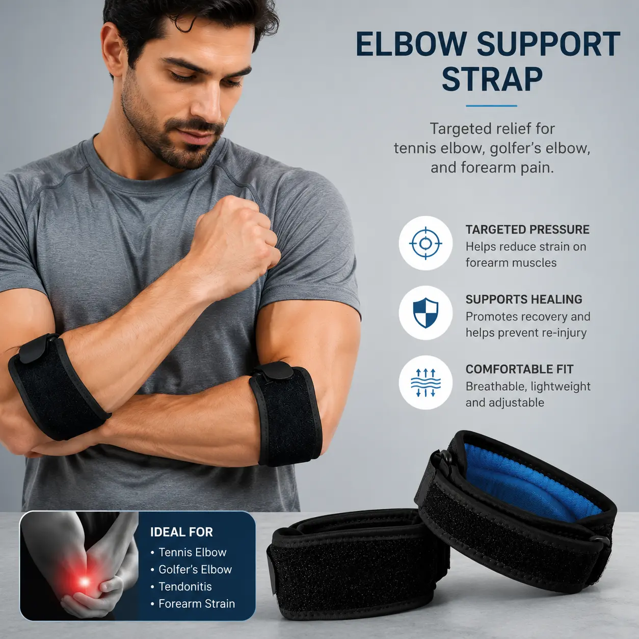 2 Pack Adjustable Elbow Support Straps for Tennis & Golf, Forearm Compression Bands for Sports, Workouts, Work and Daily Activities
