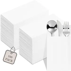 100-Pack Disposable Napkins With Pocket For Flatware, White Napkins Paper For Wedding, Dinner Or Party, Built-In Pocket For Silverware, Prefolded