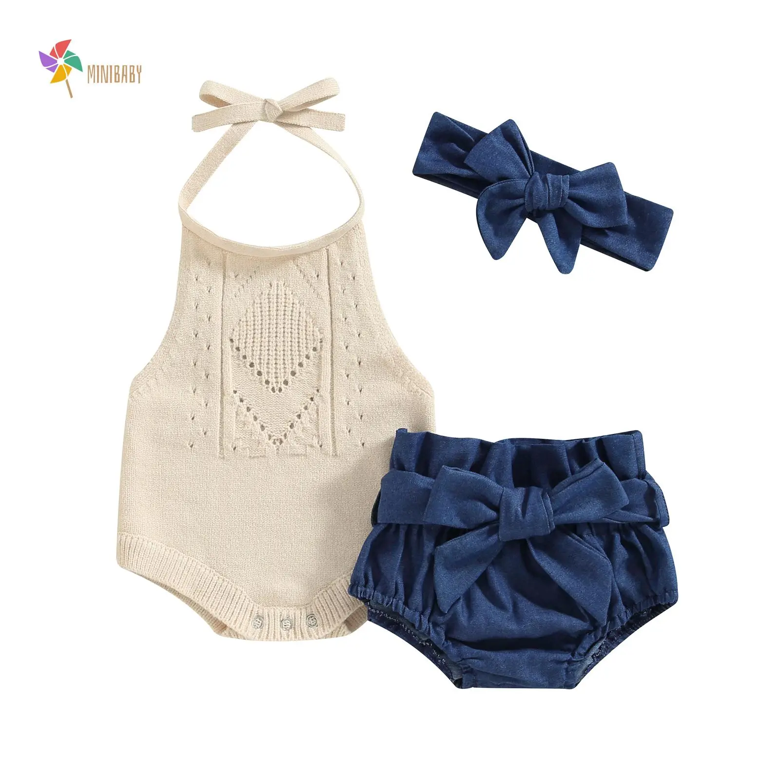 Baby Girl Summer Outfit Solid Color Tie-Up Halter Neck Knit Sweater Romper Denim Shorts with Belt Headband 3Pcs Clothes Set
