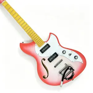 Beck Pink Electric Guitar with F-shaped body, semi-hollow design, P90 pickup, maple fretboard, chrome hardware