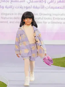 Adorable Girls Plaid Shacket & Shorts Set Lilac & Beige Checkerboard Three-Piece Outfit Cozy Soft for Trendy Toddlers & Little Girls Perfect for School Playdates & Everyday Wear