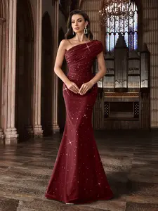 Wine Red One Shoulder Mermaid Evening Gown Sequin Ruched Formal Dress for Women Sleeveless Prom Party Dress with Lining Elegant Mid Stretch Soft Fabric