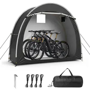 【Father's Day Gift】Black Arc Shape Outdoor Storage Shed, Double Doors Front & Right Side with Storage Bags, Fiberglass Pole Frame 210D PU Silver Coated Oxford Cloth Bike Storage Tent with Carry Bag
