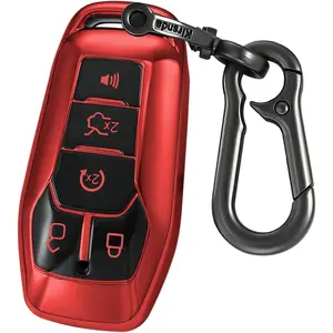 For Ford and Lincoln Key Fob Cover Case With Keychain, Fit Explorer, Mustang, Edge, Fusion, MKZ, MKC-Soft TPU Key Case, 5 Buttons (Red), Smart Remote Vehicle Accessories