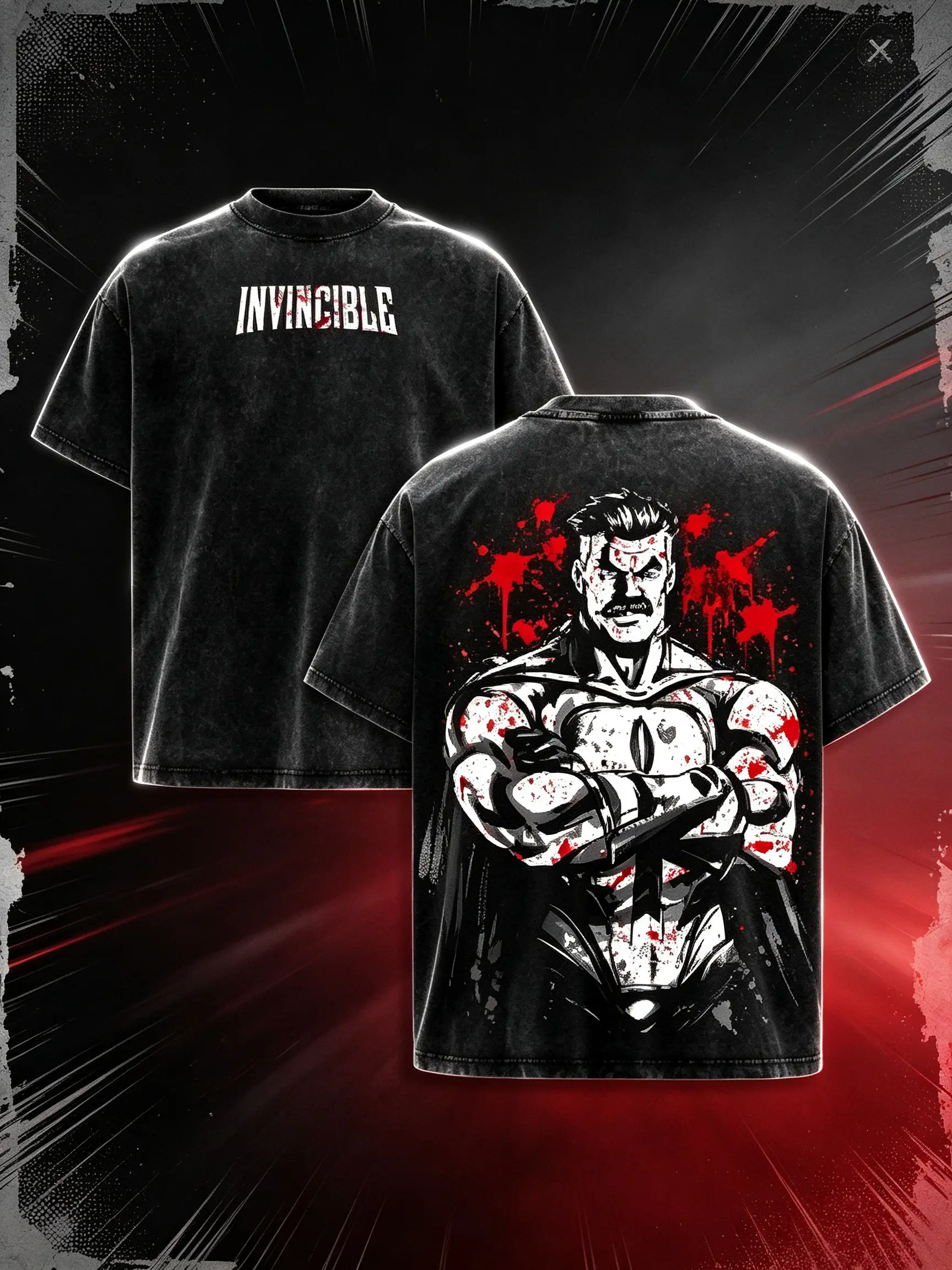 Invincible Omni-Man Vintage Acid Wash Oversized T-Shirt Front Invincible Text Logo Back Blood Splatter Omni Man Graphic Distressed Black Unisex Crewneck SoftCottonAnimated SeriesFanTee Ideal Gift For Invincible Show Fans Men Anime Street Outfit tshirt tok