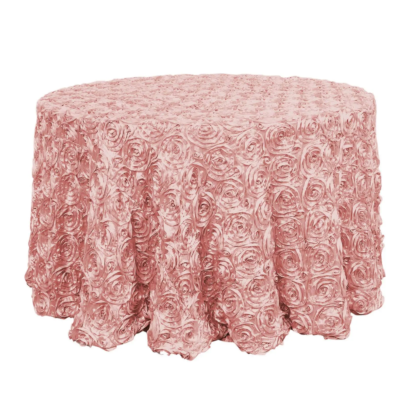 Dusty Rose Satin Fabric 120" Round Tablecloth - Grandiose 3D Rosette, Seamless Finish Table Cover for Dessert Tables, Wedding Events, Party Decorations, Dry Clean Only