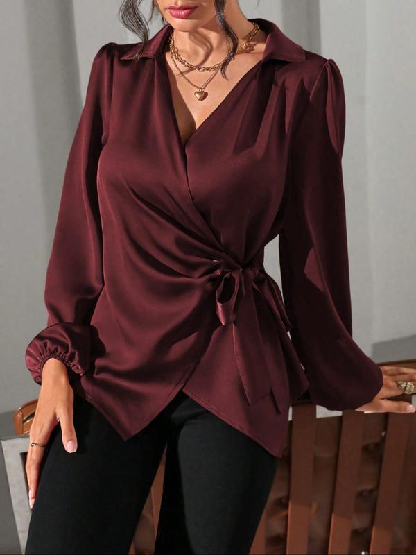 Women's Solid Color Satin Long Sleeve Shirt Blouse with Side Tie and Bubble Sleeves, Stylish and Versatile Top for All Occasions