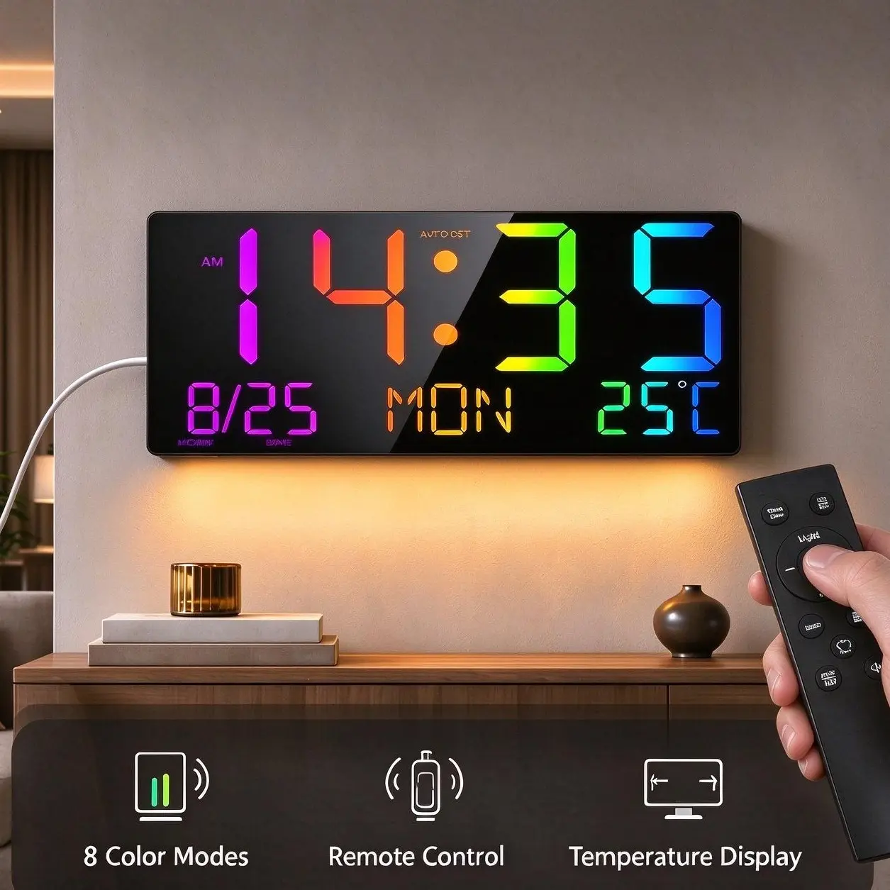 16" Large RGB Digital Wall Clock, 8 Color Display, Warm Night Light, Remote Control, Auto DST, Countdown Timer, Temperature Date Week, Dimmable LED Wall Clock for Bedroom Living Room Classroom Gym