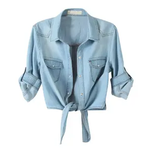 Women's Collared 3/4 Sleeve Denim Crop Top - Minimalist, Basic Casual Blouse with Tie Knot Detail