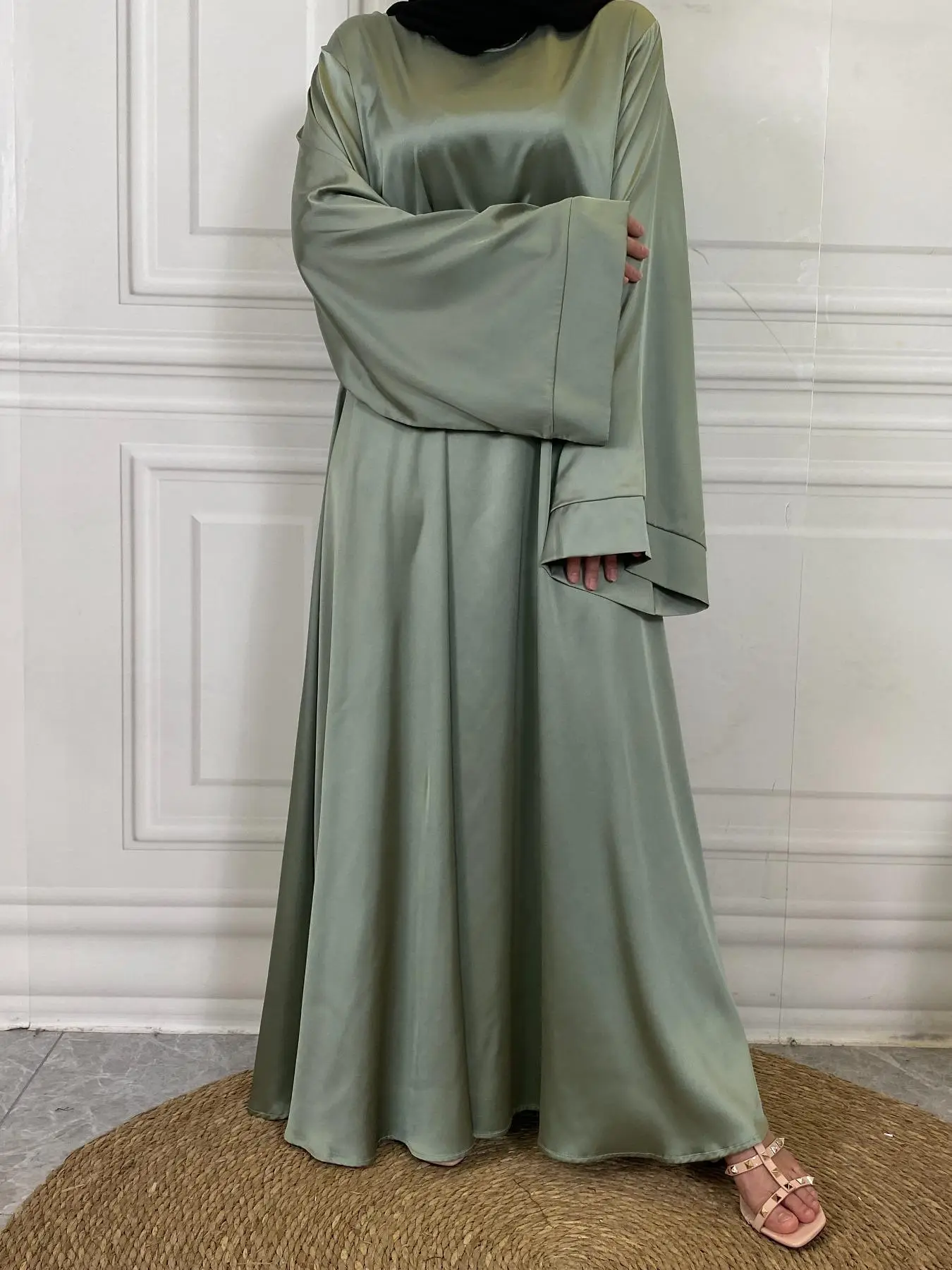 Women's Solid Color Round Neck Belted Dress, Casual Fashion Long Sleeve Dress for Daily Outdoor Wear, Women's Islamic Clothing for Fall