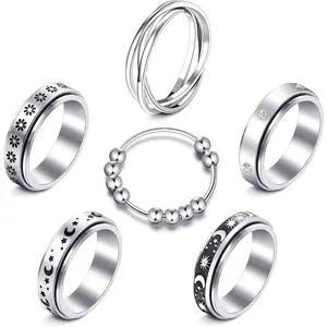 Unisex 8pcs Stainless Steel Stacking Rings - Moon Star Design Cubic Zirconia, Anti-Anxiety Stress-Relieving Trendy Jewellery Accessories, Birthday Gift for Men/Women