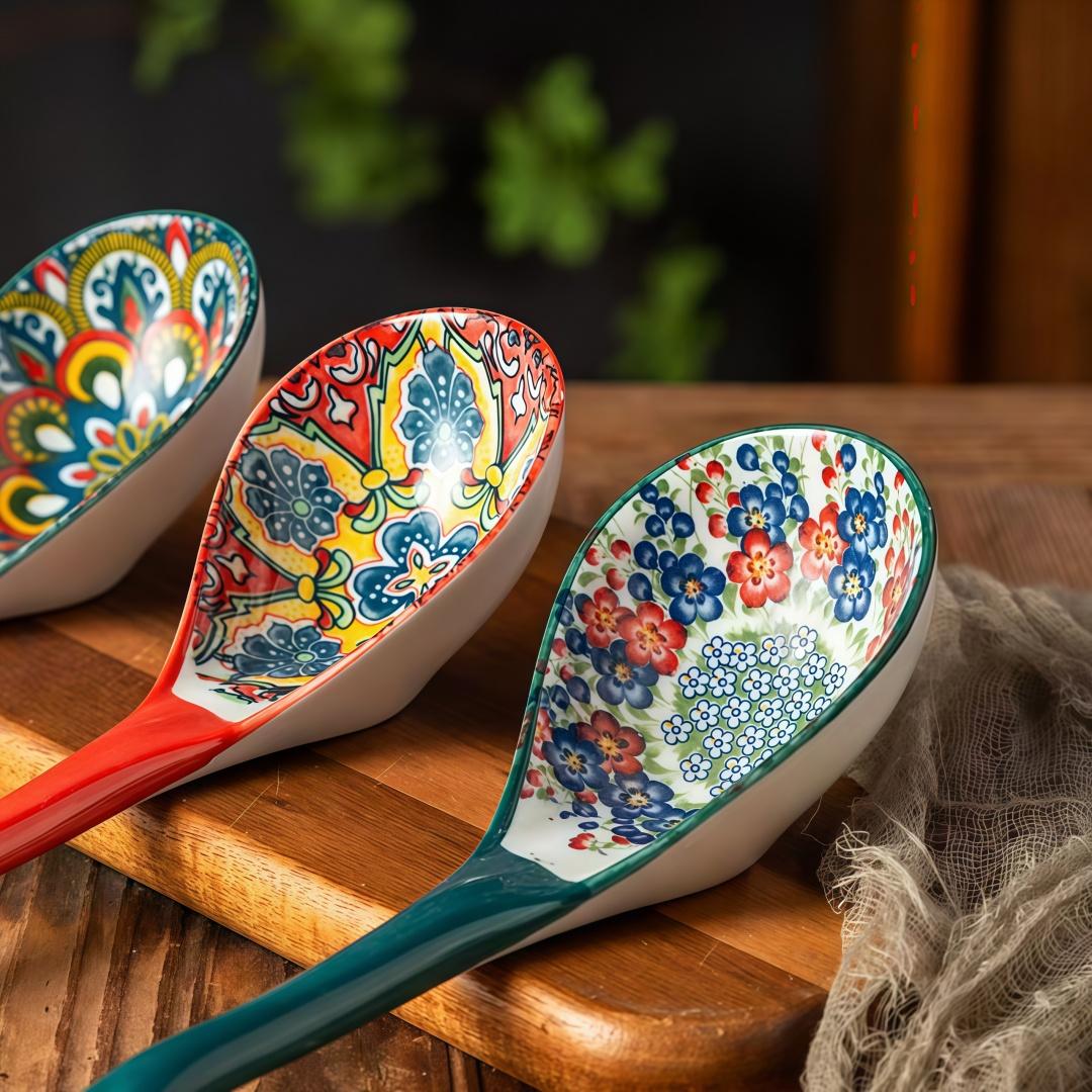 nonstick cooking spoon，3-piece set of ceramic large soup spoons, Bohemian-patterned dinnerware set, suitable for cooking, kitchen dinnerware set, dishwasher safe, extra-large miso soup spoon, large soup ladle, ramen spoon Cutlery