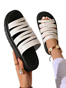 Women's Open Toe Slip-On Sandals, PU Leather Upper, Rubber Sole, Elevate Your Look, Casual Summer Footwear, Perfect for Daily Wear