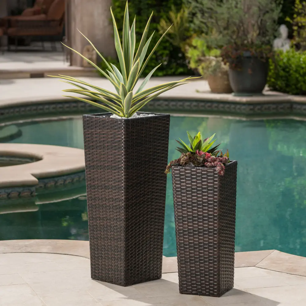 Brown Rattan Wicker Large Flower Pot - 9.06 in Wide, 11.75 in Deep, 31.90 in High, Commercial/Office Furniture, 11.75 Inches Deep, 31.90 Inches High