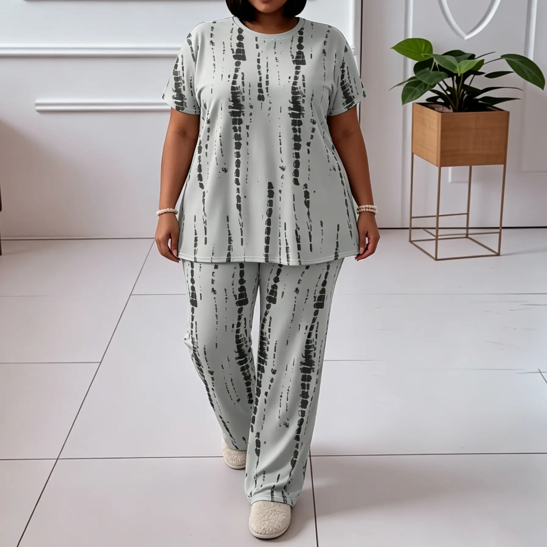 Plus Size Women's Tie Dye Loungewear Set - Short Sleeve Tunic Top & Pants Casual 2 Piece Outfit for Daily Wear Essential Lightweight