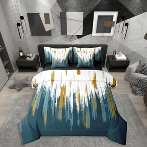 Teal White Yellow Comforter Bed Set,7 Piece Modern Oil Painting Abstract Bedding Set,Kids Adults,Gradient Graffiti Chic Vintage Bed Bag with Sheets