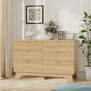 Garvee Modern Fluted Dresser with 6 Drawers, 47" Wide Oak Finish, Gold Handles - Stylish Storage Solution for Bedroom, Living Room, Hallway, and Entryway