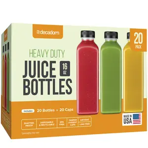 DECADORN 16oz 20pcs Juice Bottles With Caps - MADE IN USA Juice Containers With Lids For Fridge - Juicer Bottles With Tamper Evident Caps, Shatterproof, BPA-Free, Leak proof, Disposable & Recyclable