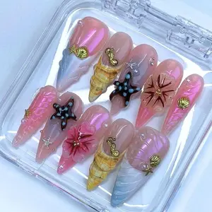 10PCS Long Stiletto 3D Ocean Press-On Nails – Iridescent Pink & Blue with Shells, Starfish & Flowers | Reusable Beach Vibe Nails