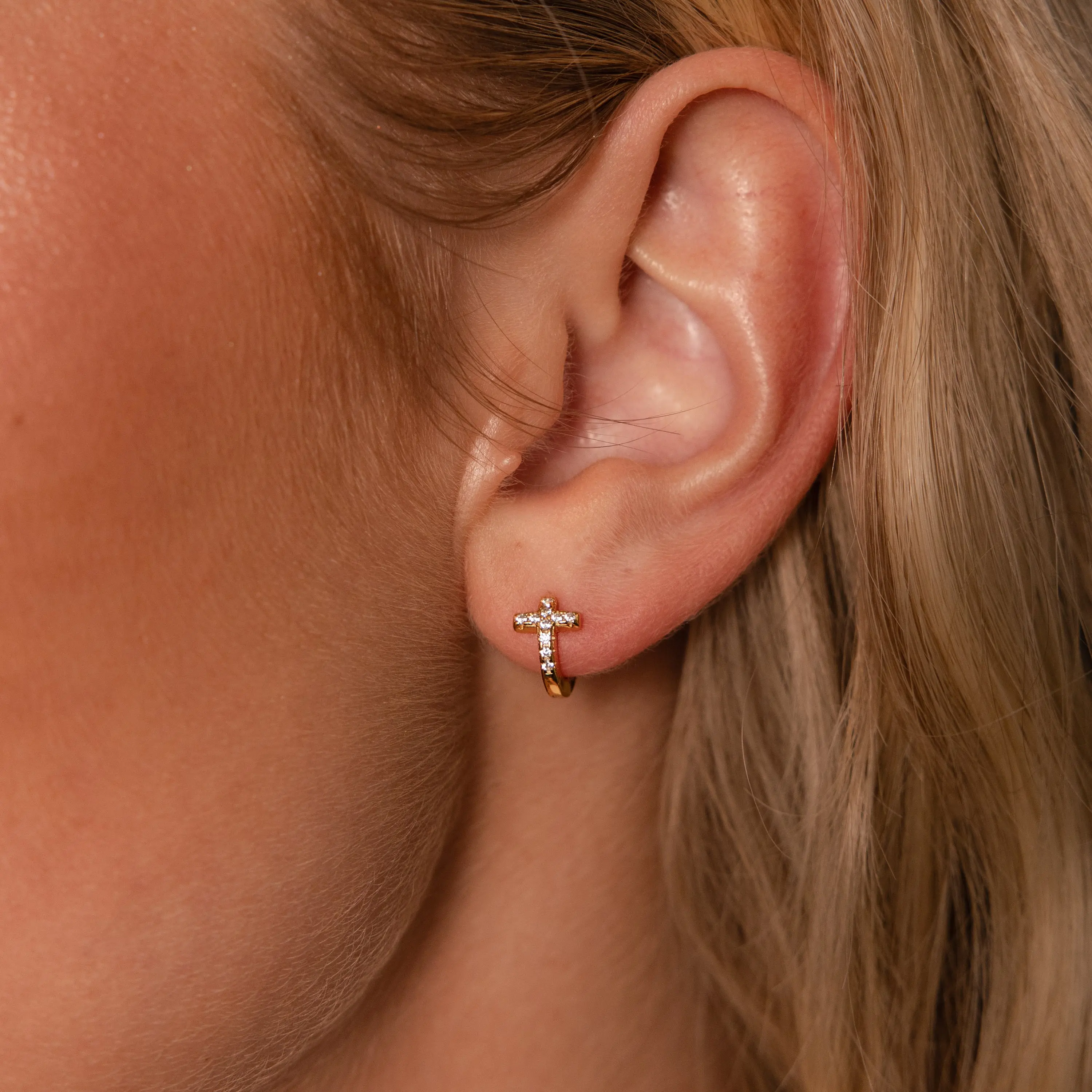 Diamond Cross Huggies by Caitlyn Minimalist - Dainty Pave Cross Charm Earrings in Gold & Silver - Everyday Huggie Hoop Earrings - Christian Jewelry - Gift for Mom