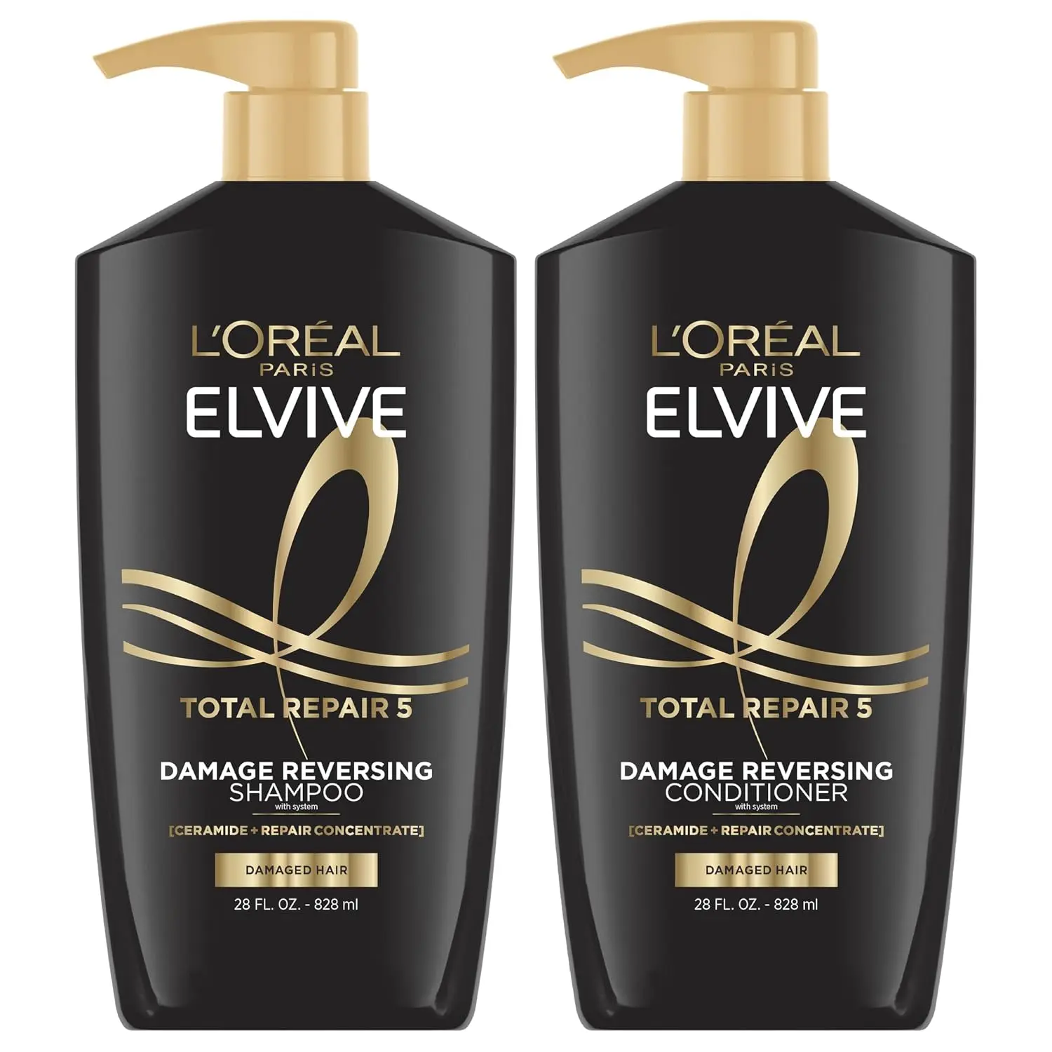 L'Oreal Paris Elvive Total Repair 5 Damage Reversing Shampoo and Conditioner Set for Dry and Damaged Hair, Hair Repair Formula with Protein and Ceramide, 56 Fl Oz Set