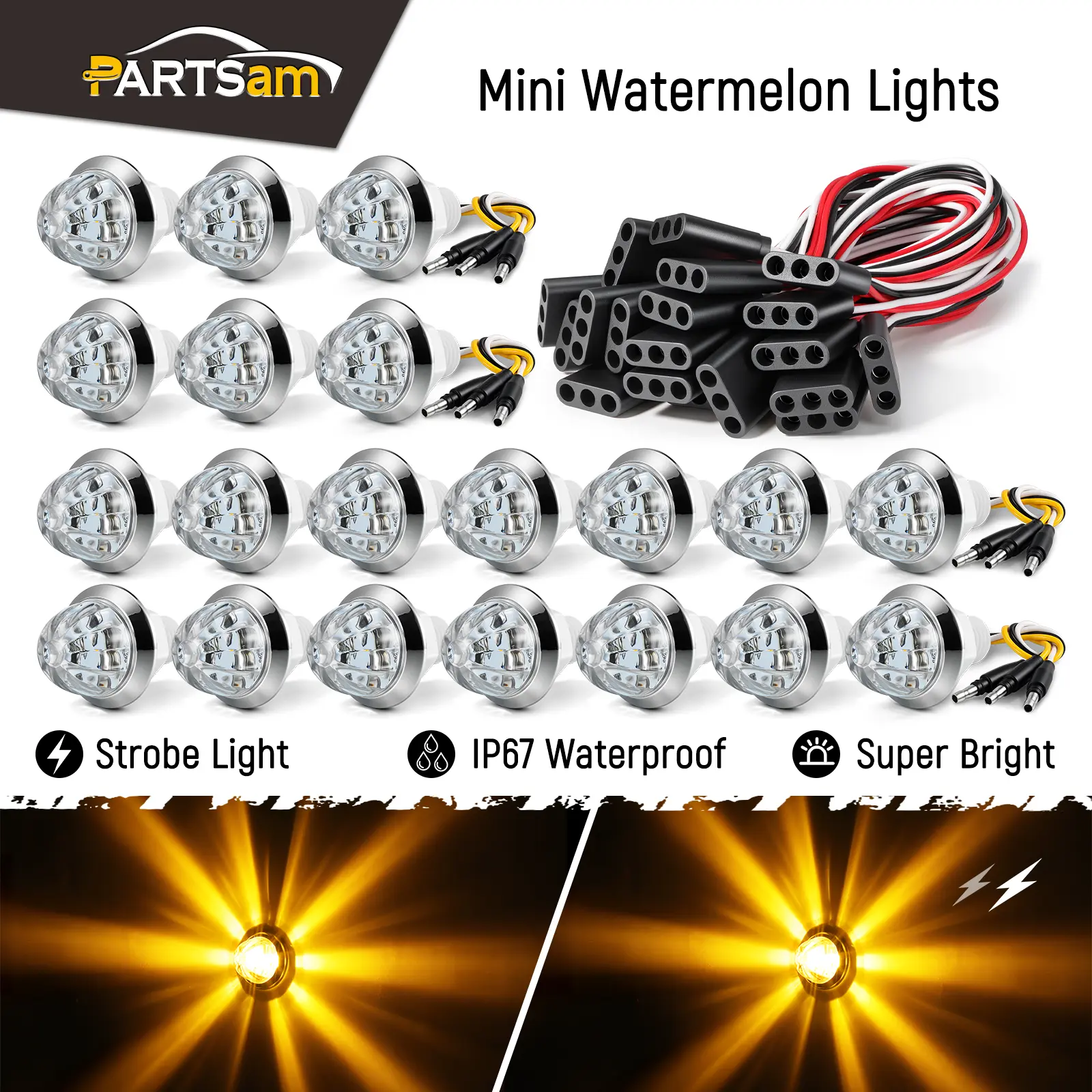 Partsam 20-Pack Mini 3/4" Watermelon LED Clearance Marker Lights, Amber Dual-Function Strobe & Steady Lights with Connector Plug, 3-Pin Wiring Harness for Trailer Truck RV