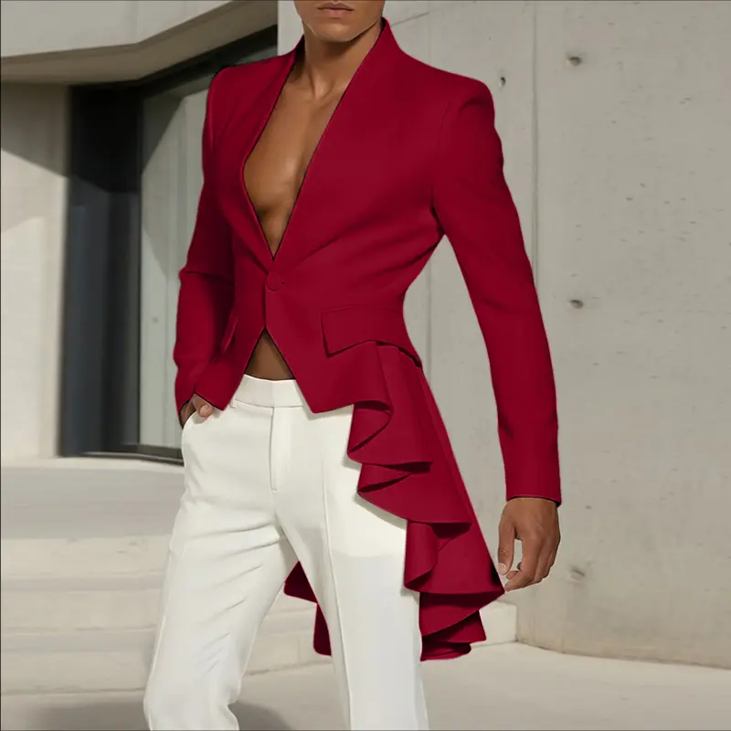 INCERUN Men's Designer Ruffle Swallowtail Blazer in Textured Woven Fabric - Slim Fit Long Sleeve Deep V-Neck Jacket for Stage Performance & Parties