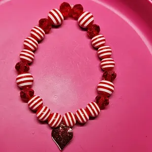 Red White Striped Beads with Red Rhinestones and Heart Charm Bracelet for Women
