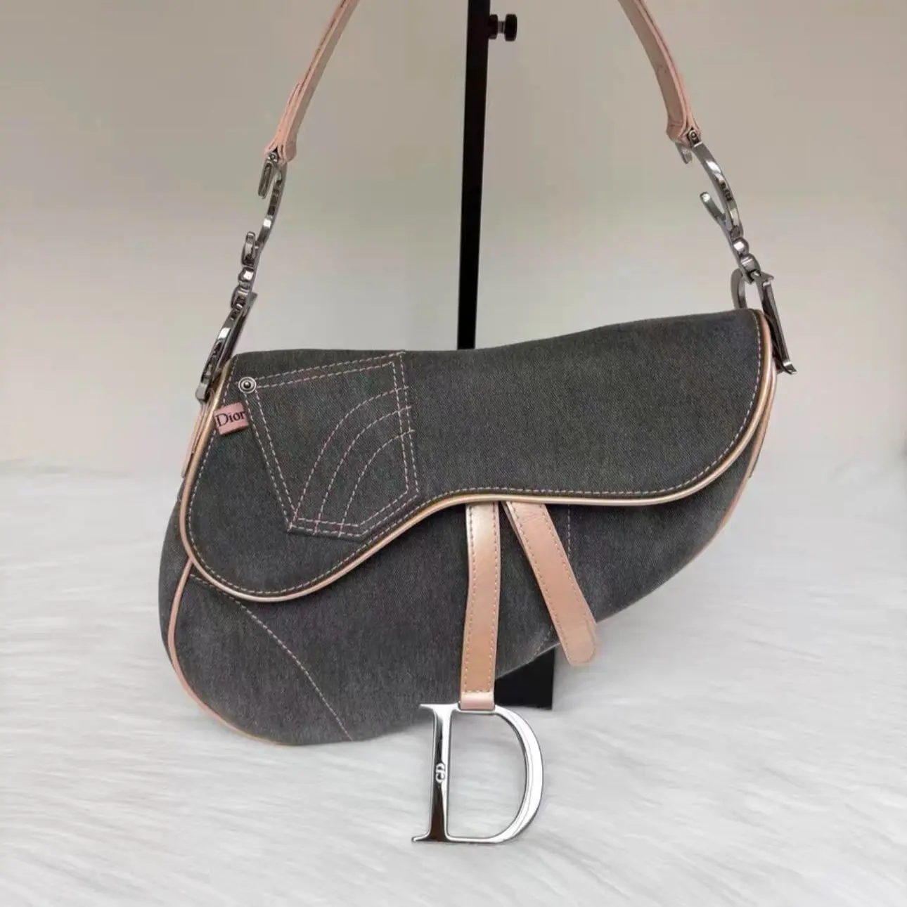Pre-owned Dior grey denim saddle bag