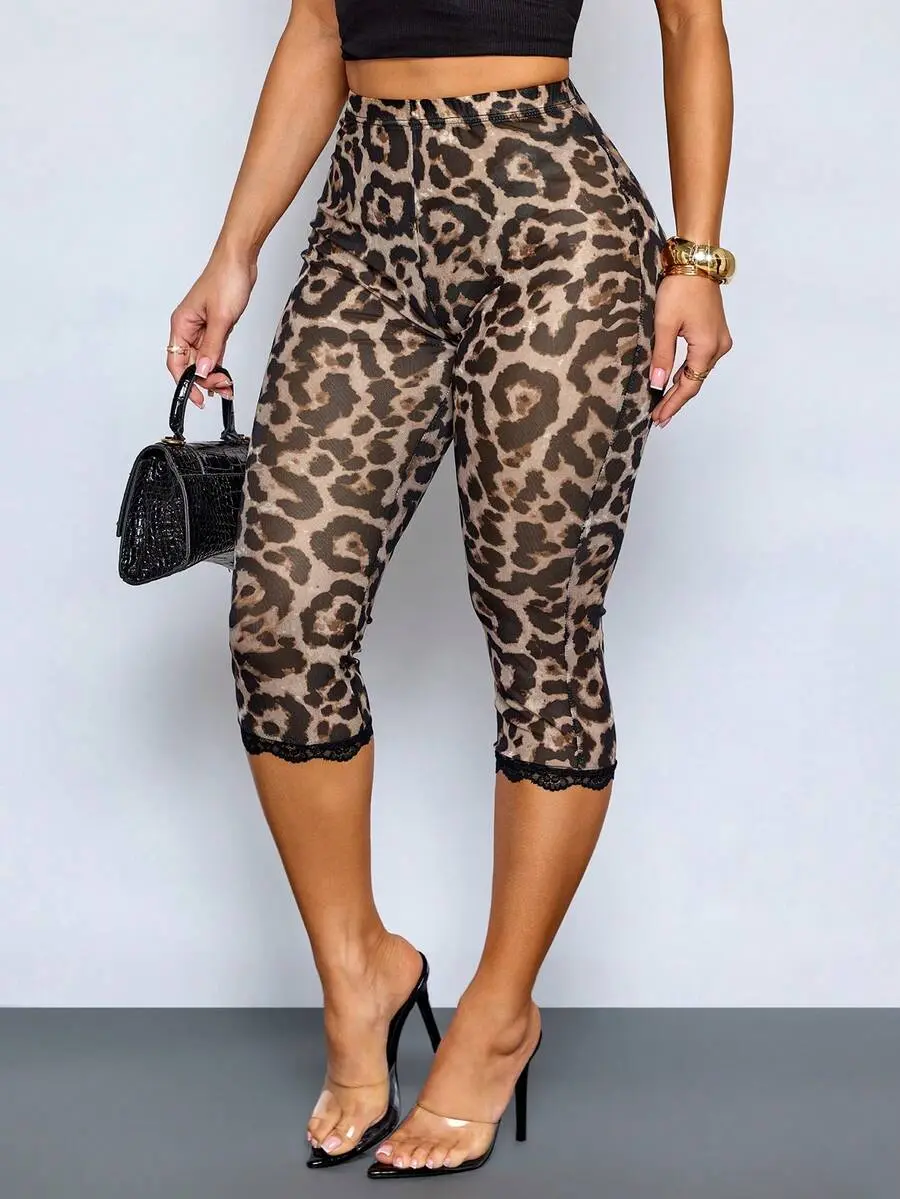 XLAIS Women's Fashionable Sexy Leopard Print Lace Decorative Capri Mesh Leggings (Random Floral)