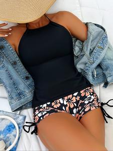 two-piece set women's plain backless halter tie back top & floral print bottom back to school tankinis set, casual sleeveless top & drawstring side shorts, bathing suits for women, swimsuit for women, halter top swimwear, tankini swimsuits women