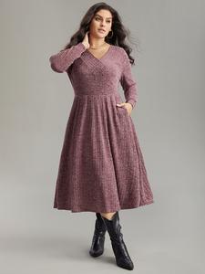 BLOOMCHIC Women's Regular Fit Rib Knit Fabric Midi Dress - V-Neck, Elastic, Casual Wear, Pocketed, Long Sleeves, Fashionable, Stylish, Summer Casual Dresses