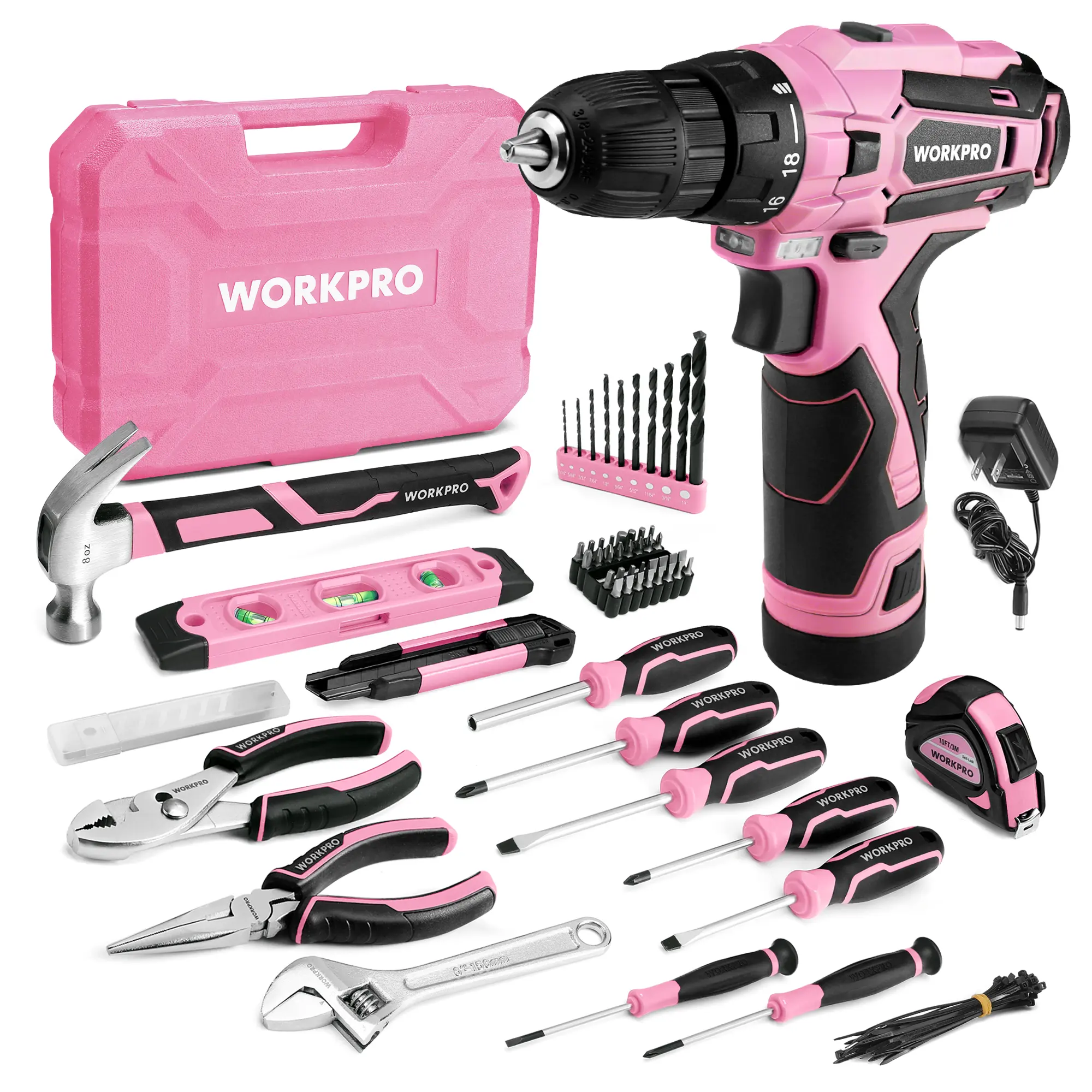 #summersale WORKPRO Pink Tool Set with Power Drill, Portable Ladies Pink Drill Kit for Home with Toolbox (or Toolbag) and Pink Hammer, Cordless Drills with Keyless Chuck and Variable Speed Trigger - Pink Ribbon
