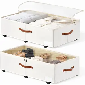 60L Large Bed with Wheels Pack of 2, Underbed Shoe Container Bin with Clear Lid Cover, 10.5 Inches Rolling Bed Drawer Bag Basket for Boots Sweater - White