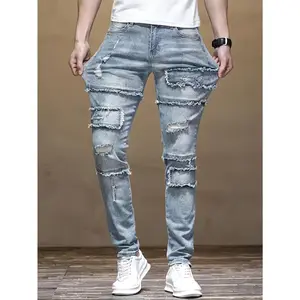 Men's Light Blue Washed Ripped Jeans, Cotton Breathable Skin-Friendly Patchwork Denim Trousers ￼ ￼ ￼ ￼ ￼ ￼ ￼ ￼ ￼ ￼ ￼ ￼ ￼ ￼ ￼