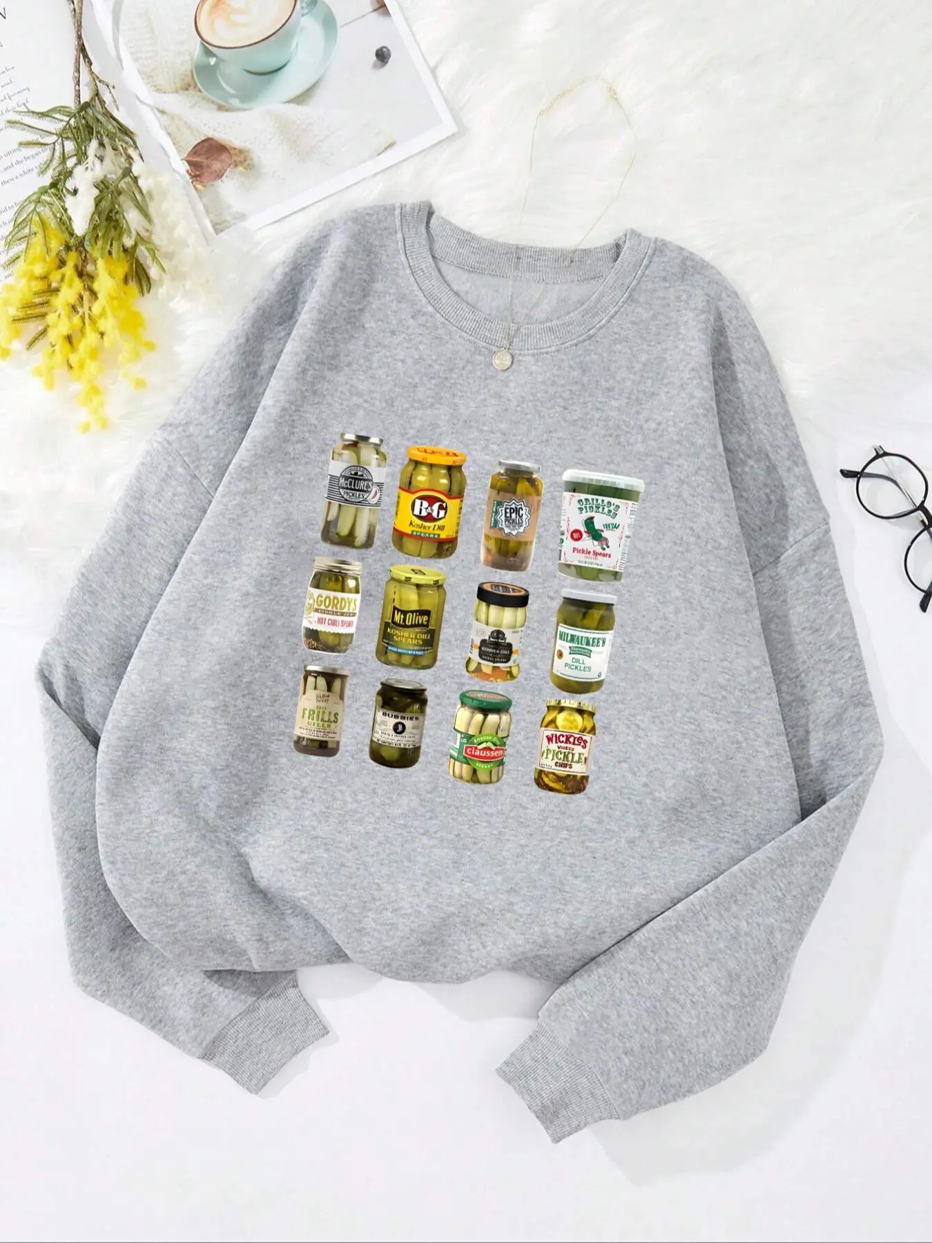 Women's Pickle Jar Print Drop Shoulder Soft Thermal Lined Fabric Sweatshirt Tops, Funny Trendy Crewneck Casual Relaxed Fit Everyday Long Sleeve Round Neck Pullover for Fall & Winter, Ladies Clothes for Daily Wear Womenswear