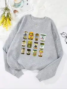 Women's Pickle Jar Print Drop Shoulder Soft Thermal Lined Sweatshirt, Casual Relaxed Fit Everyday Long Sleeve Round Neck Pullover for Fall & Winter, Ladies Clothes for Daily Wear