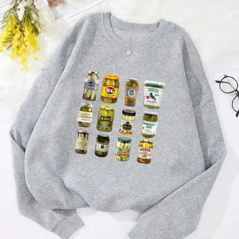 Women's Pickle Jar Print Drop Shoulder Soft Thermal Lined Fabric Sweatshirt Tops Printed Sweatshirt Casual Relaxed Fit Everyday Long Sleeve Round Neck Pullover for Fall & Winter, Ladies Clothes for Daily Wear Womenswear