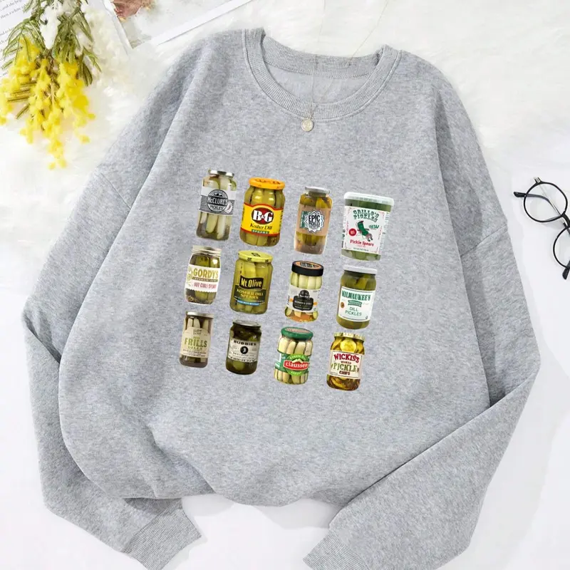 Women's Pickle Jar Print Drop Shoulder Soft Thermal Lined Fabric Sweatshirt Tops Printed Sweatshirt Casual Relaxed Fit Everyday Long Sleeve Round Neck Pullover for Fall & Winter, Ladies Clothes for Daily Wear Womenswear