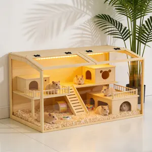 Bingopaw Large Wooden Hamster Cage 40x20" with Tempered Glass, Chew Proof Small Animal Habitat, Deep Bedding Ready, 360° View with LED Light for Hamsters (Excluding interior decor)