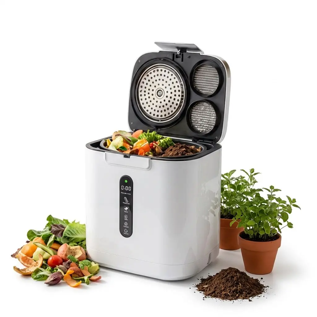 Electric Kitchen Composter with Visible Viewing Window, Smart Indoor Food Waste Recycler with One-Touch Operation, Odor Control System, Intelligent LED Display and Automatic Cleaning Function, Compact Countertop Composting Machine for Kitchen, Garden