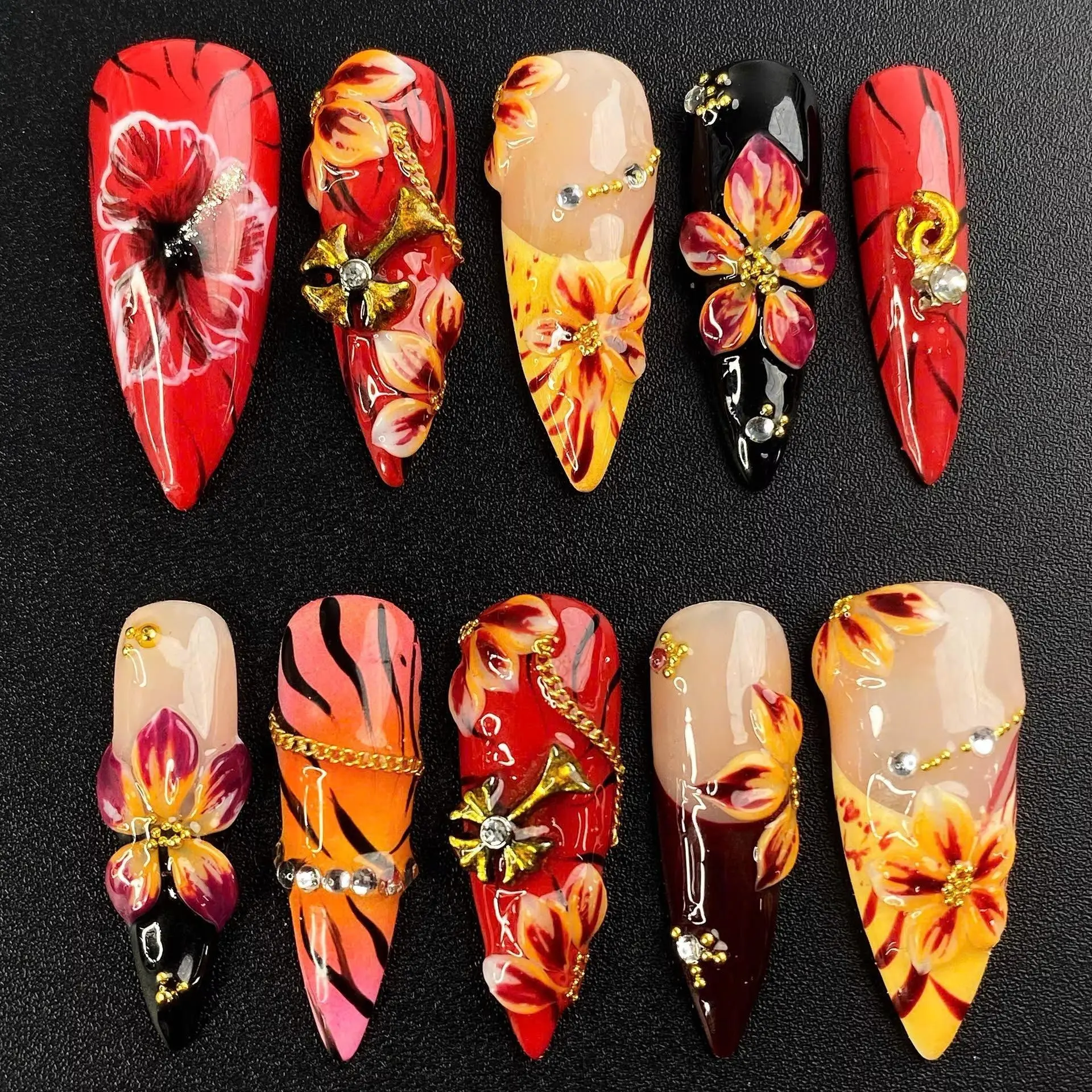 Handmade Sunset Bloom Press On Nails | Fiery Floral Flame Design, Tropical Glam Style