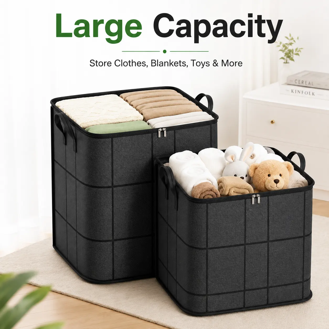 Large Foldable Storage Box with Lid, Collapsible Fabric Organizer Bin with Handles, Closet Storage Containers for Clothes, Bedding, Blankets, Toys and More