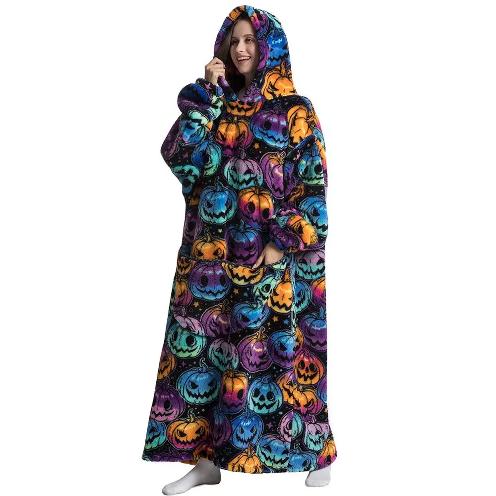 Cartoon Animal Pattern Wearable Hoodie Blanket, Long Sleeve Soft Plush Blanket with Pocket, Warm Blanket for Women & Men, All Season Blanket, Breathab