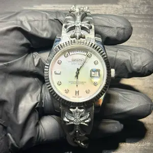 Custom Seiko X Chrome Hearts Watch/Mod Pearl Day Date 40mm Iced Band  Miyota 8285 Automatic Movement