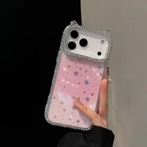 Adorable Cat Ear Sparkling Diamond Phone Case for iPhone 17 16 15 14 13 Pro Max DIY Pearl Bow Cat Ear Protective Phone Case Cover Phone Protector Cover