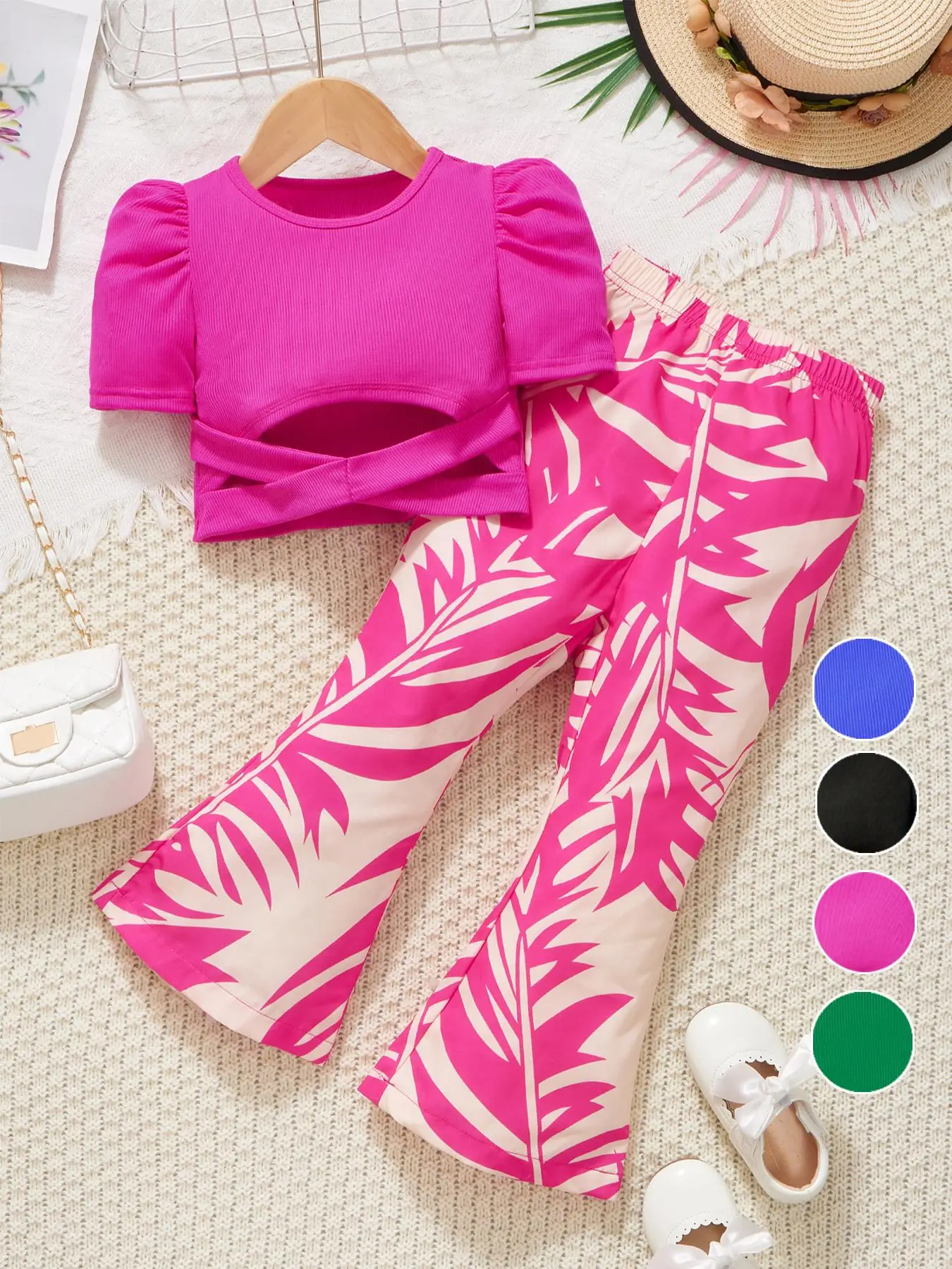 Girl's Plain Top & Flare Leg Pants Two-piece Set, Casual Fashion Short Sleeve Top & Bell Bottom Trousers for Daily Outdoor Wear, Kids Clothing for Sum