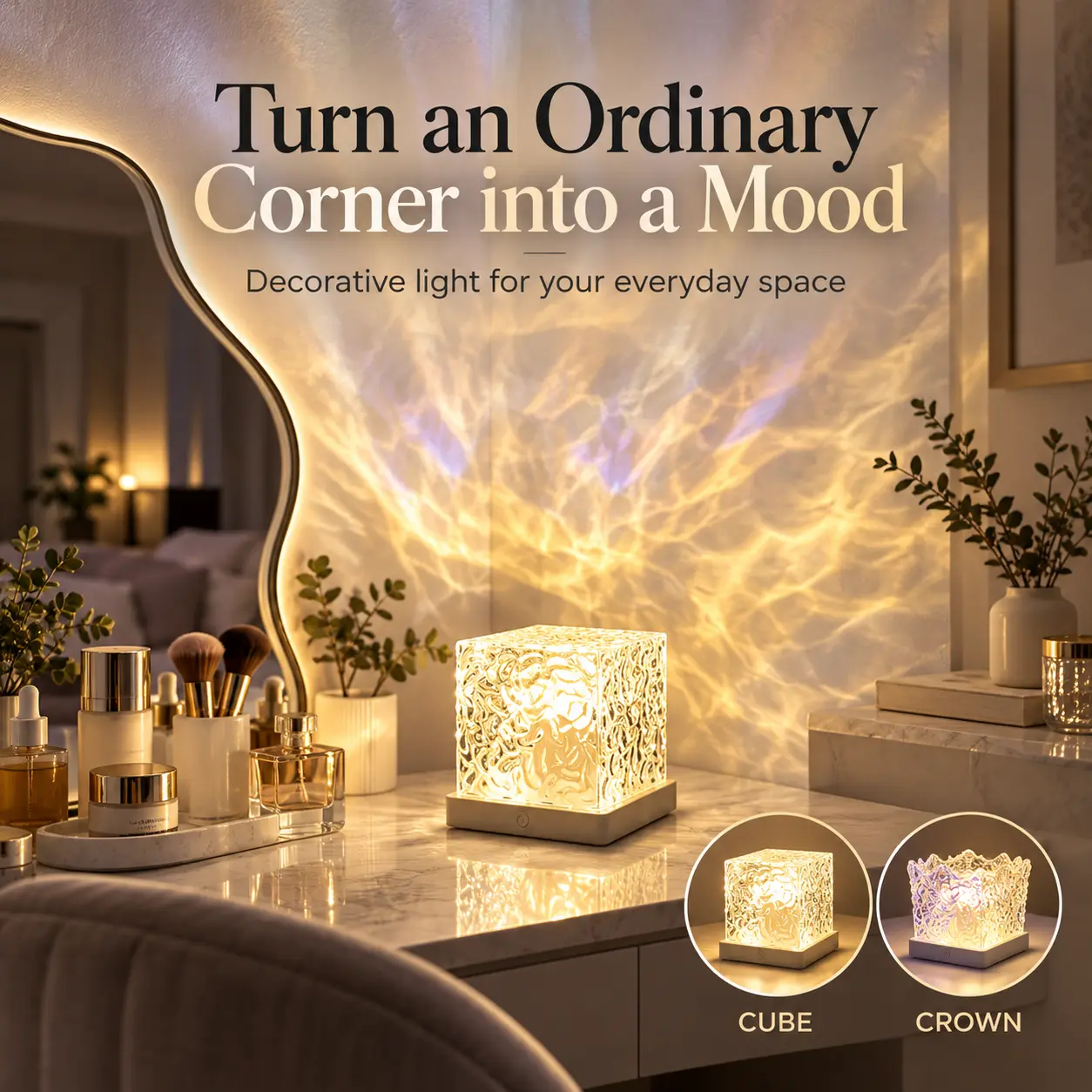 RGB 16-Color Water Ripple Ambient Light Projector - Touch Control Crystal Cube Table Lamp with Remote for Indoor Recreation Bedroom Decor